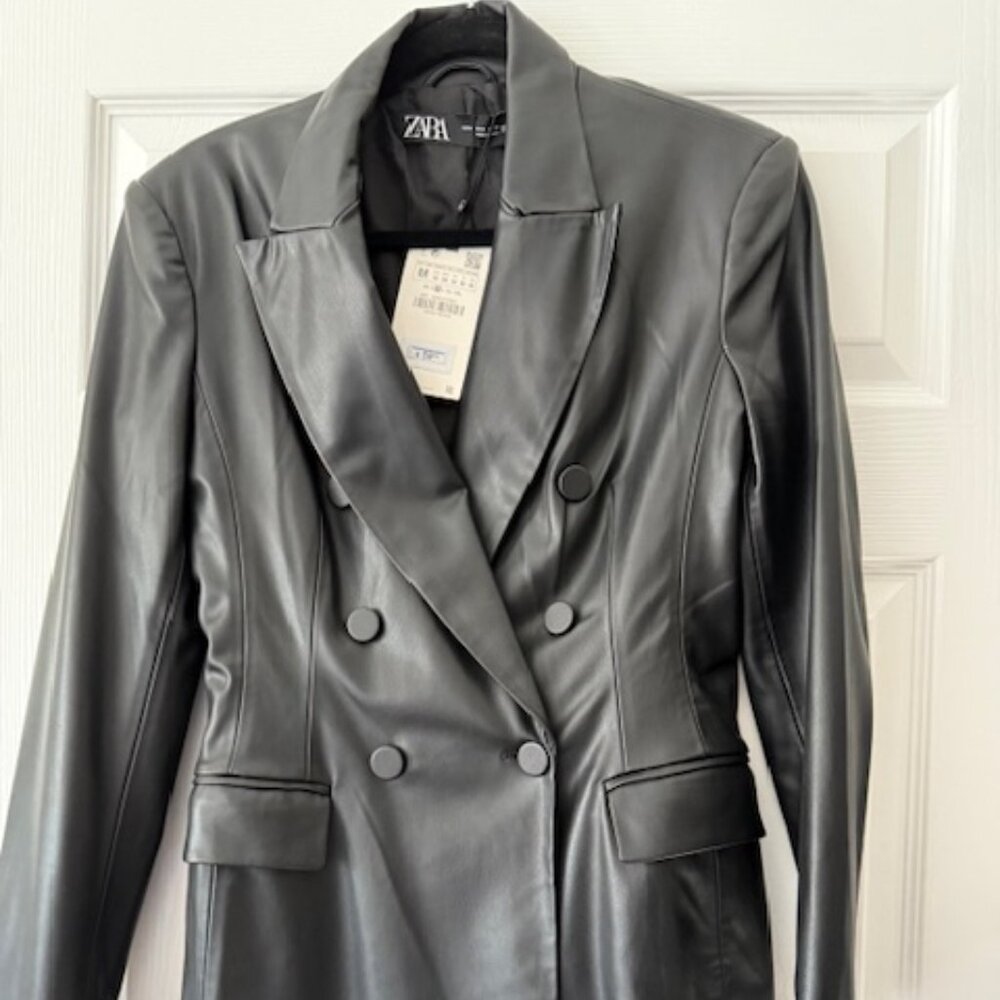NWT Zara Faux Leather Double Breasted Blazer Black Size M